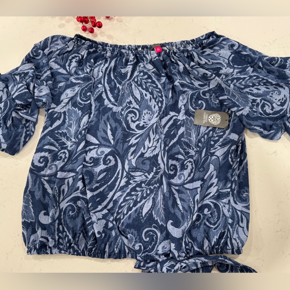 Vince Camuto Blue Patterned Off-Shoulder set pants blouse - Picture 4 of 14